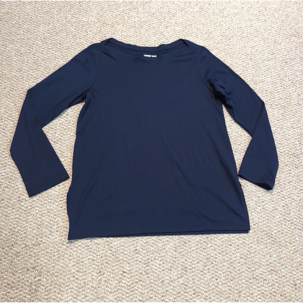Lands' End Tunic Top Women XS Blue Supima Cotton Boat Neck Roll Tab Sleeve